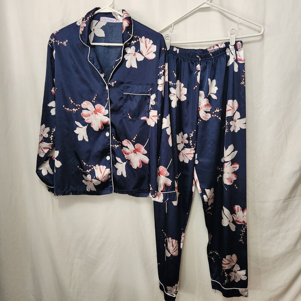 Pajama SetCheibear Womens Silky Satin Pajama Set XL Blue Floral Button Front Top
